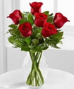 6 Hand picked red roses with greens in a clear vase