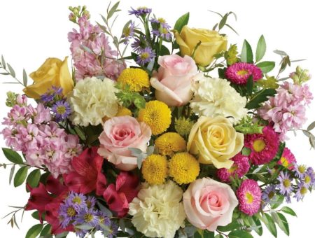 This beautiful bouquet includes red alstroemeria, light yellow carnations, pink stock, hot pink matsumoto asters, large lavender monte cassino asters, yellow button spray chrysanthemums, bupleurum, huckleberry, and parvifolia eucalyptus.